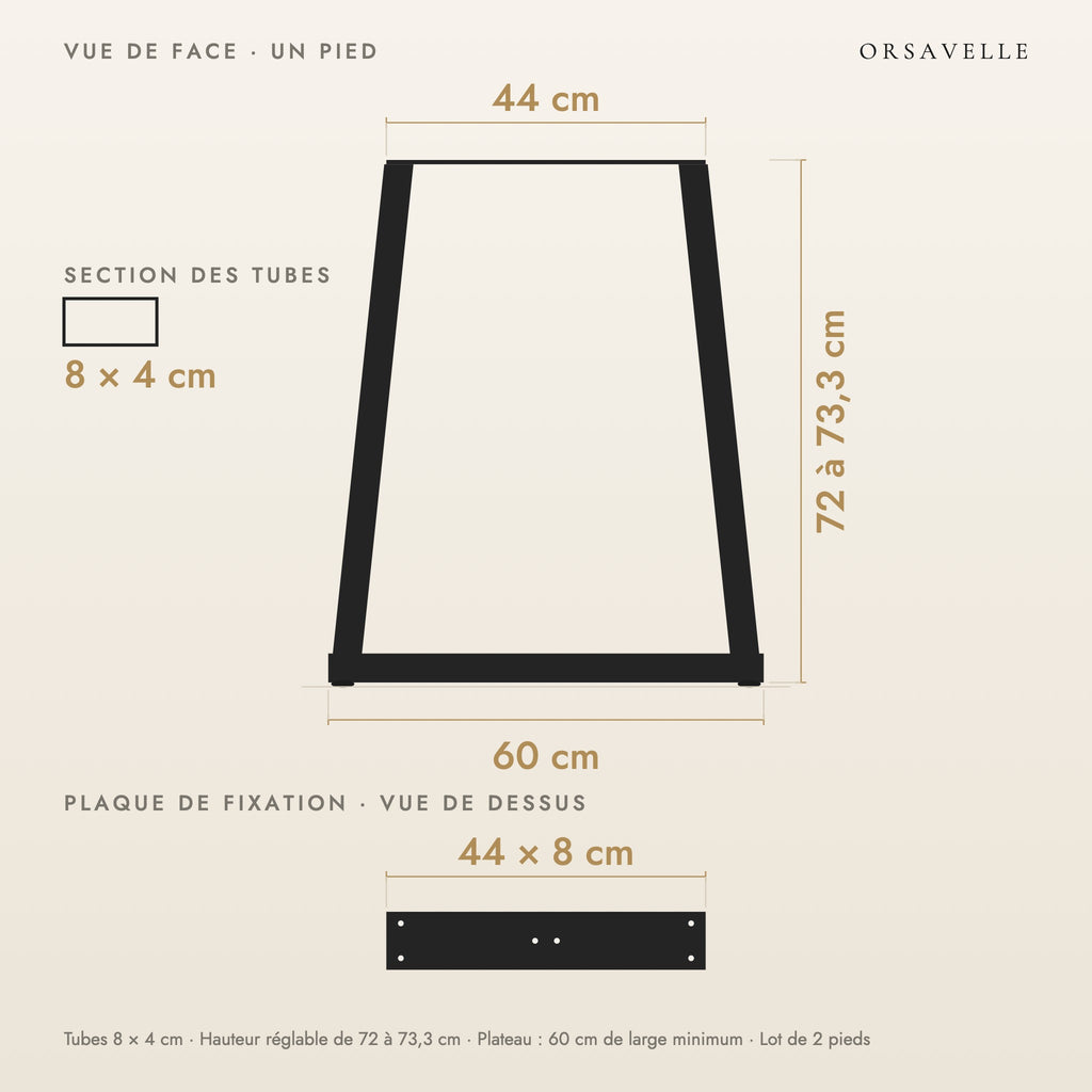 Schéma coté des Pieds de table à manger en V en acier, Lot de 2, 60 × 72 cm : vue de face d'un pied, plaque de fixation, dimensions en cm