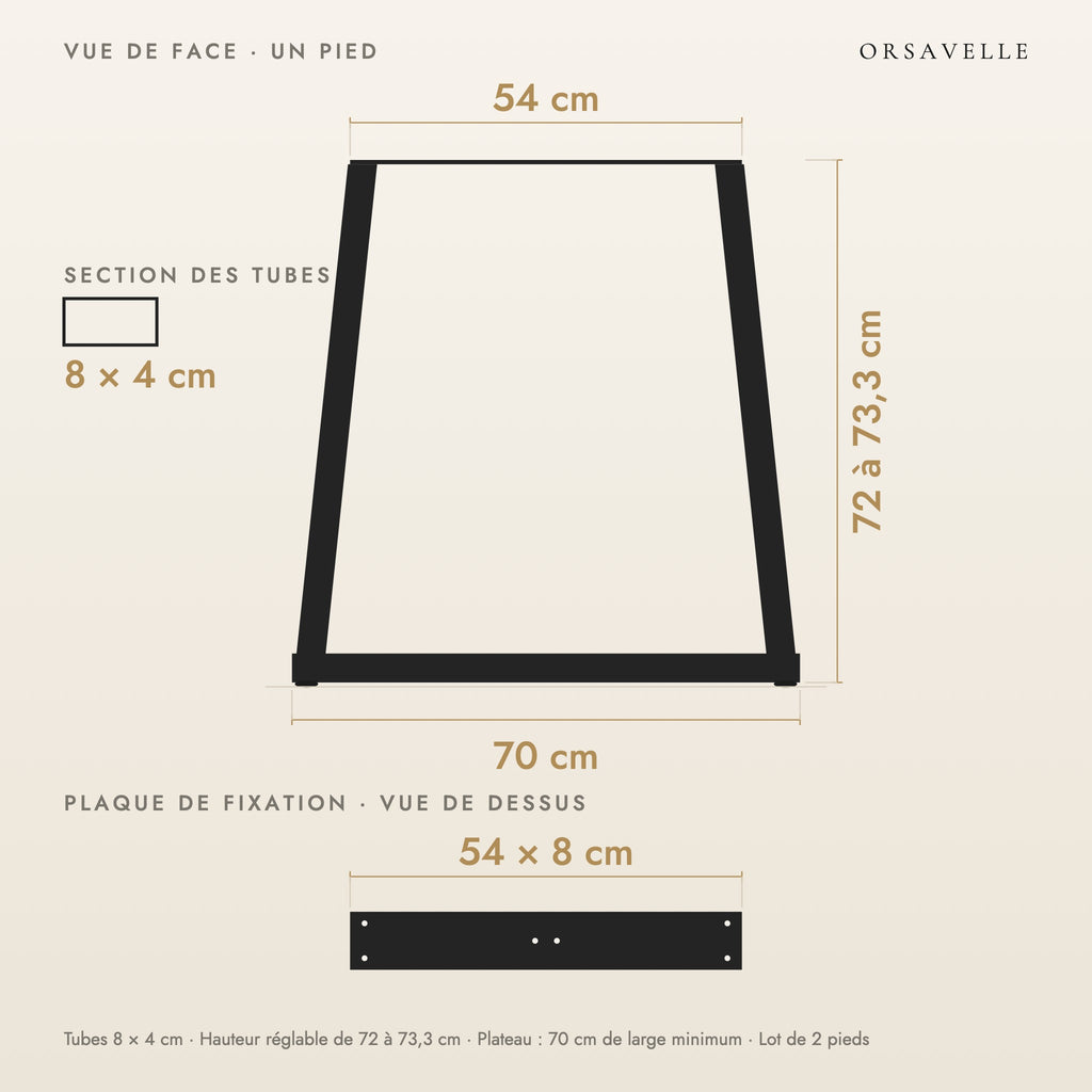 Schéma coté des Pieds de table à manger en V en acier, Lot de 2, 70 × 72 cm : vue de face d'un pied, plaque de fixation, dimensions en cm