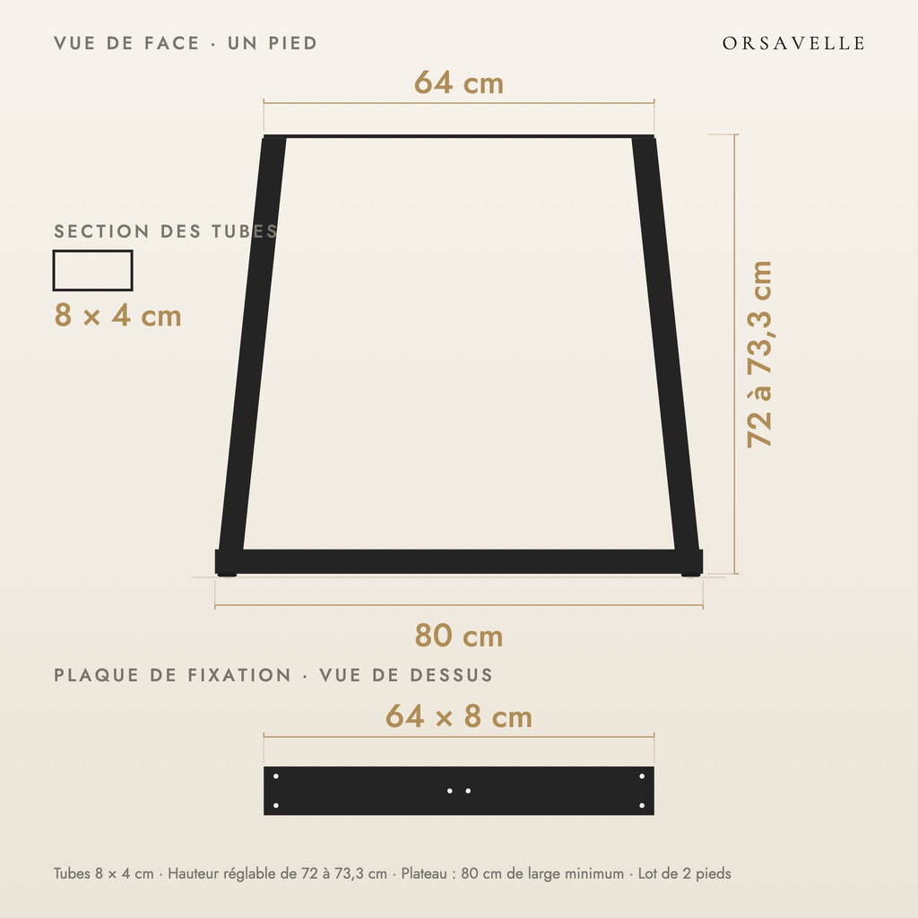 Schéma coté des Pieds de table à manger en V en acier, Lot de 2, 80 × 72 cm : vue de face d'un pied, plaque de fixation, dimensions en cm