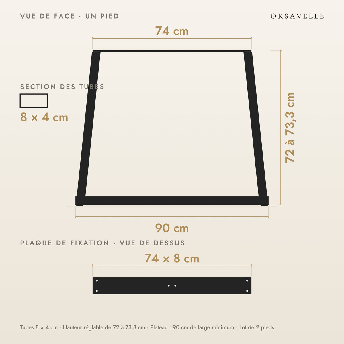 Schéma coté des Pieds de table à manger en V en acier, Lot de 2, 90 × 72 cm : vue de face d'un pied, plaque de fixation, dimensions en cm