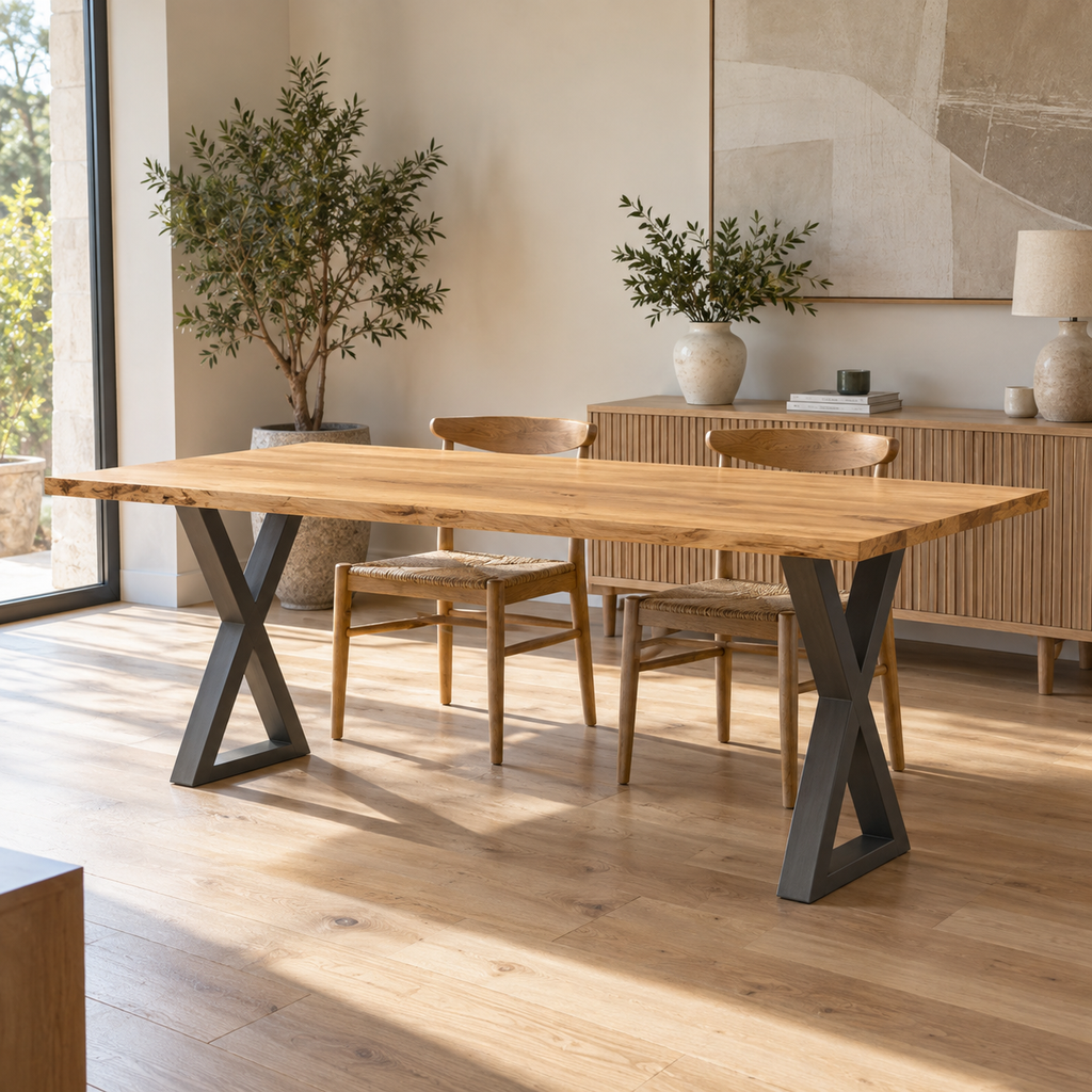 Pieds de table à manger en X en acier anthracite, lot de 2, 50 × 72 cm, en situation dans une salle à manger