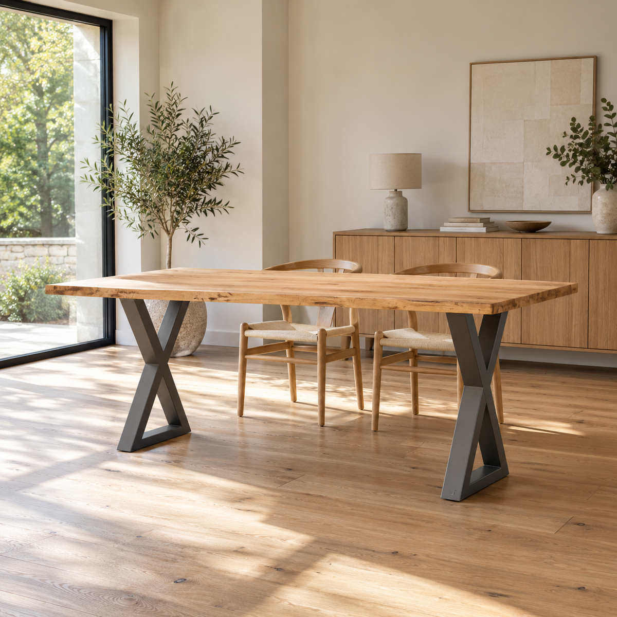 Pieds de table à manger en X en acier anthracite, lot de 2, 60 × 72 cm, en situation dans une salle à manger
