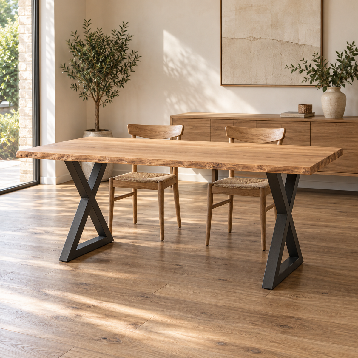 Pieds de table à manger en X en acier anthracite, lot de 2, 70 × 72 cm, en situation dans une salle à manger