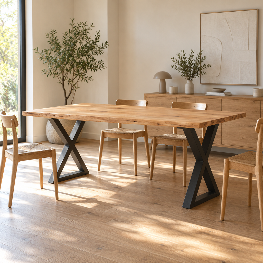 Pieds de table à manger en X en acier anthracite, lot de 2, 80 × 72 cm, en situation dans une salle à manger