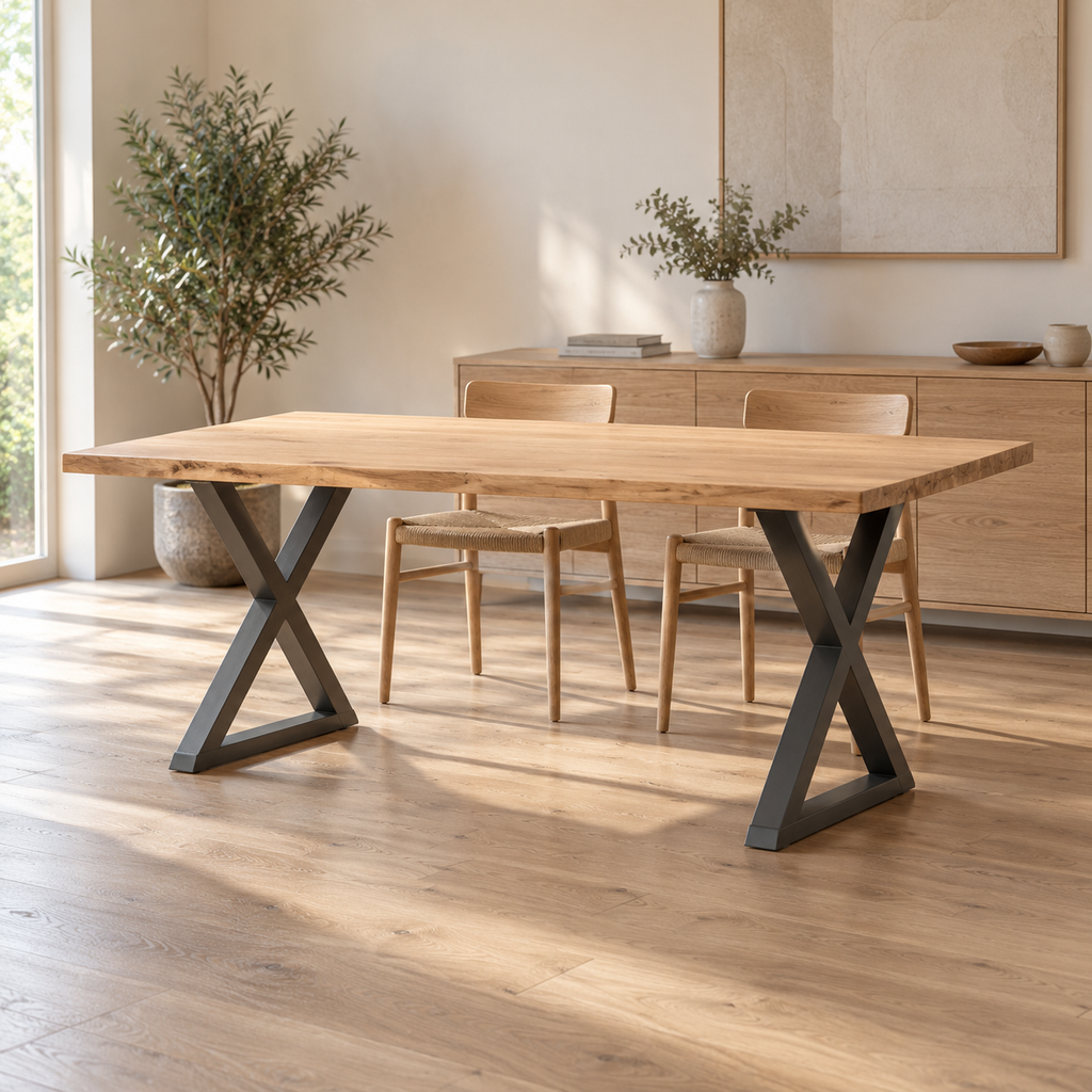 Pieds de table à manger en X en acier anthracite, lot de 2, 90 × 72 cm, en situation dans une salle à manger