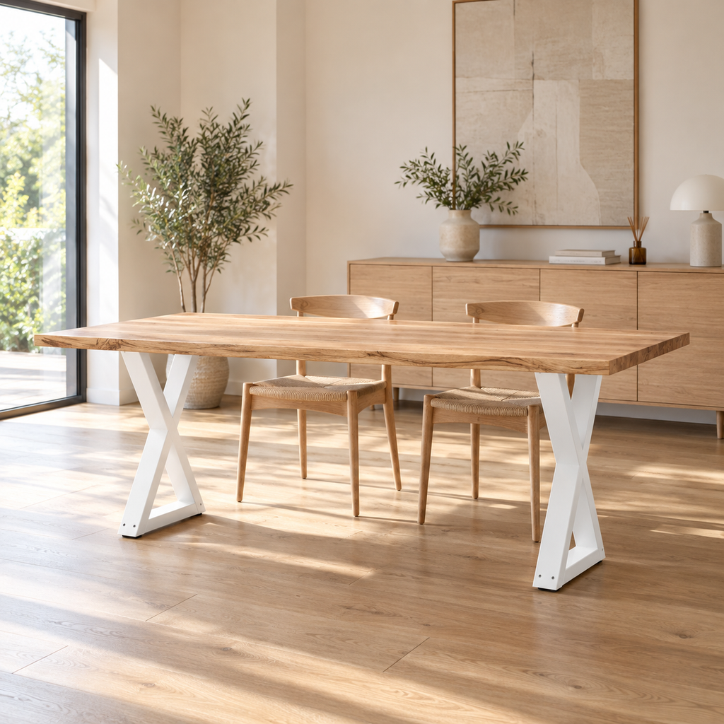 Pieds de table à manger en X en acier blanc, lot de 2, 50 × 72 cm, en situation dans une salle à manger