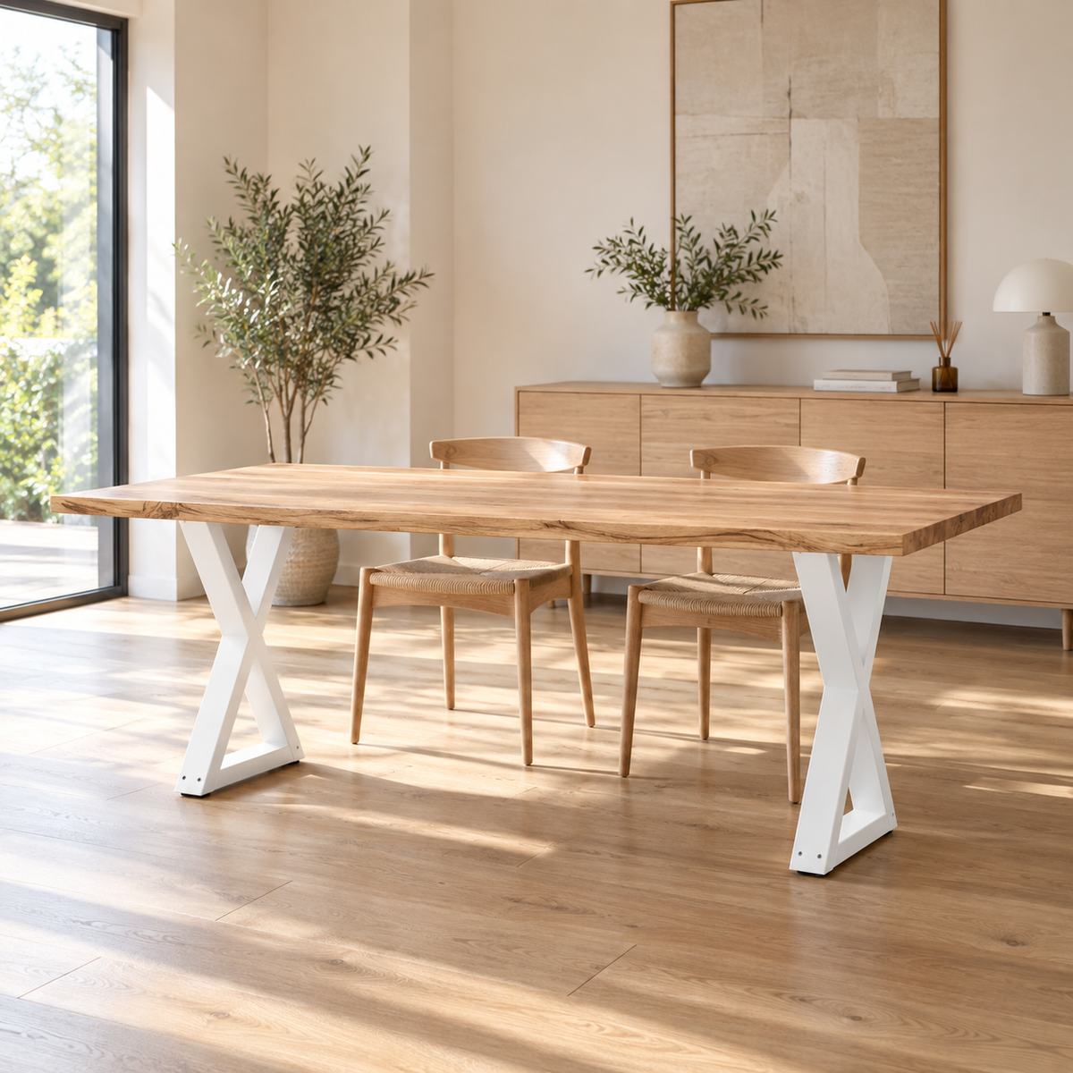 Pieds de table à manger en X en acier blanc, lot de 2, 50 × 72 cm, en situation dans une salle à manger