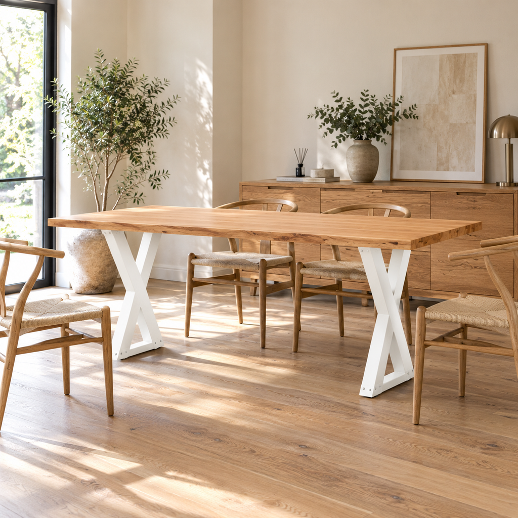 Pieds de table à manger en X en acier blanc, lot de 2, 60 × 72 cm, en situation dans une salle à manger