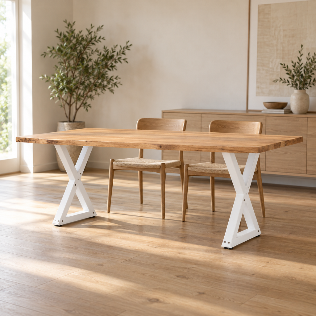 Pieds de table à manger en X en acier blanc, lot de 2, 70 × 72 cm, en situation dans une salle à manger