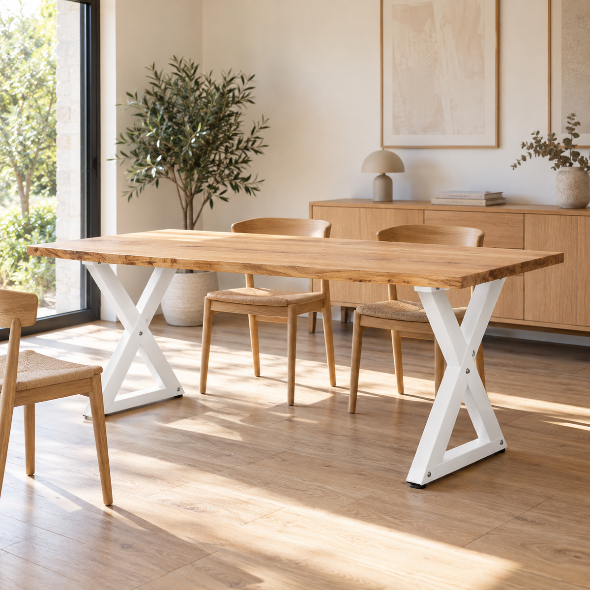 Pieds de table à manger en X en acier blanc, lot de 2, 80 × 72 cm, en situation dans une salle à manger