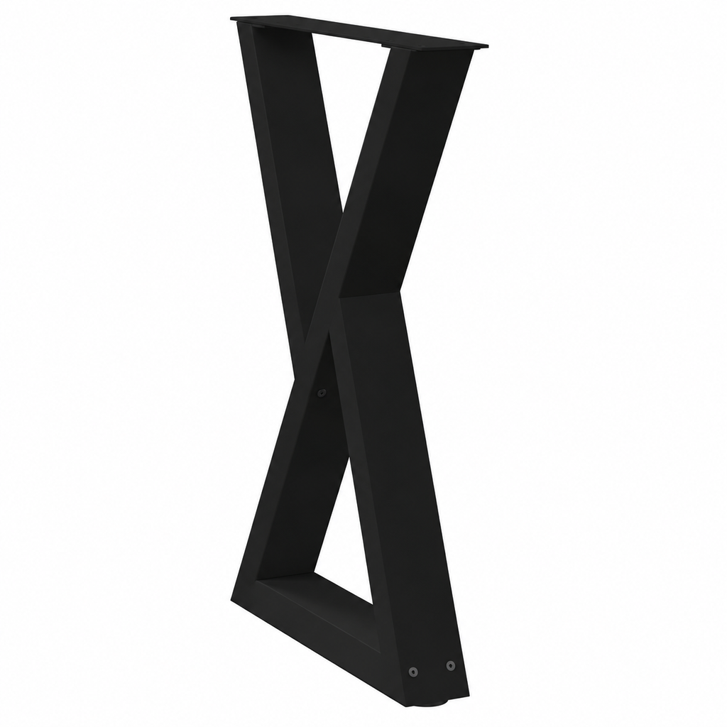 Pieds de table à manger en X en acier noir, lot de 2, 50 × 72 cm, vue de trois quarts