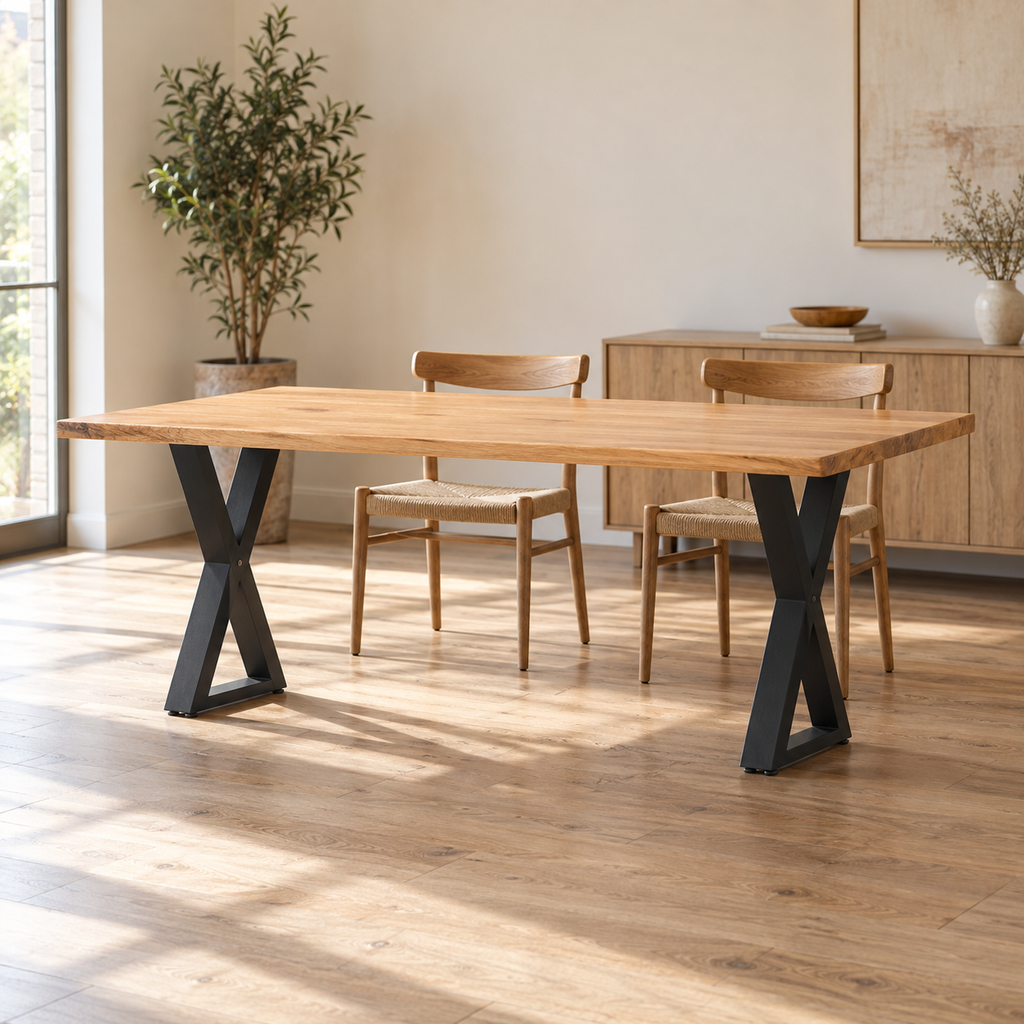 Pieds de table à manger en X en acier noir, lot de 2, 60 × 72 cm, en situation dans une salle à manger