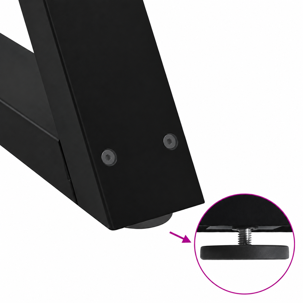Détail du patin réglable des pieds de table à manger en X en acier noir, 60 × 72 cm