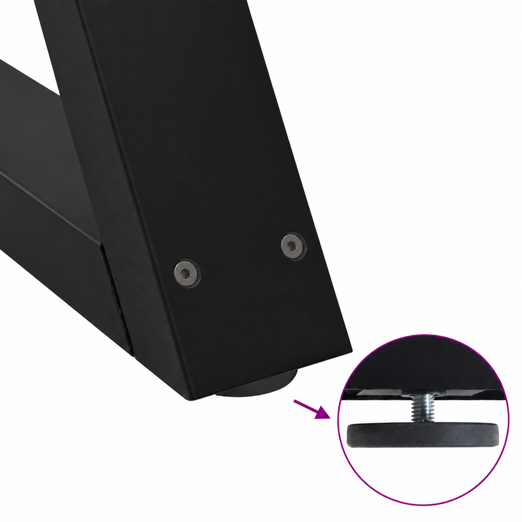 Détail du patin réglable des pieds de table à manger en X en acier noir, 70 × 72 cm