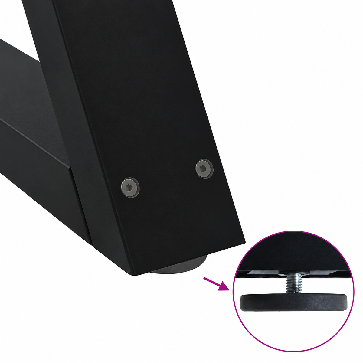 Détail du patin réglable des pieds de table à manger en X en acier noir, 80 × 72 cm