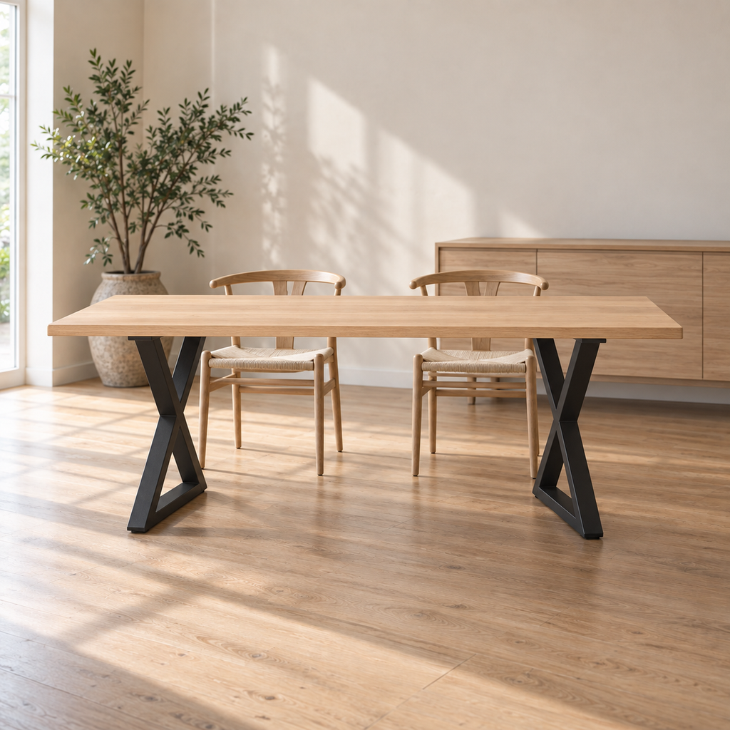 Pieds de table à manger en X en acier noir, lot de 2, 90 × 72 cm, en situation dans une salle à manger