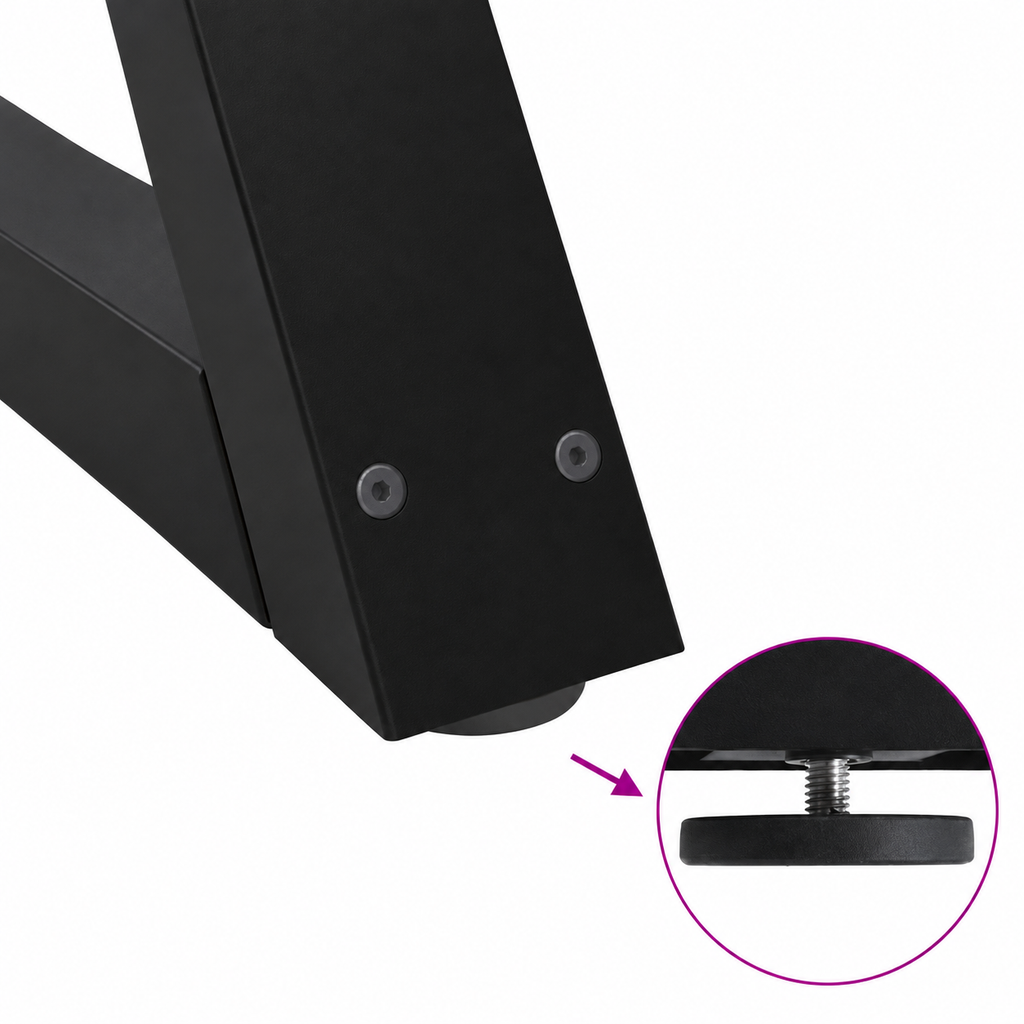 Détail du patin réglable des pieds de table à manger en X en acier noir, 90 × 72 cm