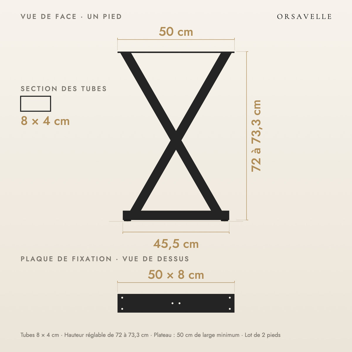 Schéma coté des Pieds de table à manger en X en acier, Lot de 2, 50 × 72 cm : vue de face d'un pied, plaque de fixation, dimensions en cm