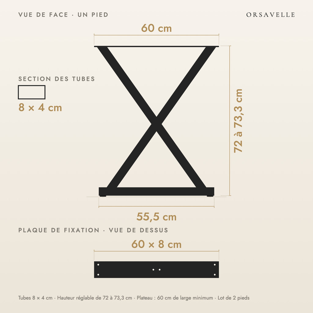 Schéma coté des Pieds de table à manger en X en acier, Lot de 2, 60 × 72 cm : vue de face d'un pied, plaque de fixation, dimensions en cm