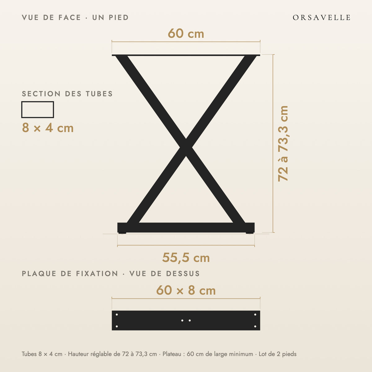 Schéma coté des Pieds de table à manger en X en acier, Lot de 2, 60 × 72 cm : vue de face d'un pied, plaque de fixation, dimensions en cm