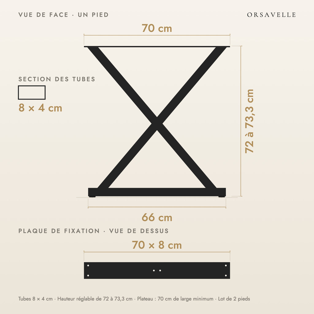Schéma coté des Pieds de table à manger en X en acier, Lot de 2, 70 × 72 cm : vue de face d'un pied, plaque de fixation, dimensions en cm