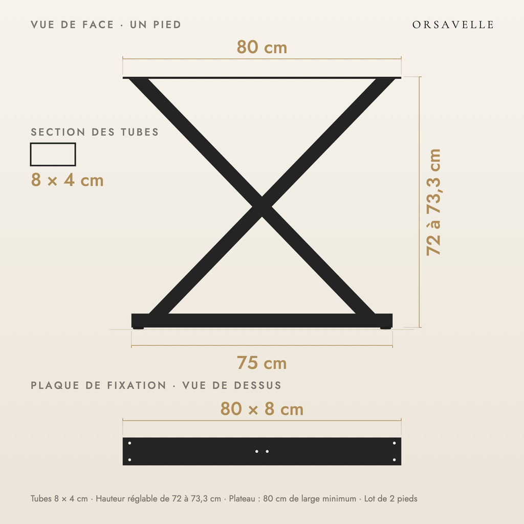 Schéma coté des Pieds de table à manger en X en acier, Lot de 2, 80 × 72 cm : vue de face d'un pied, plaque de fixation, dimensions en cm