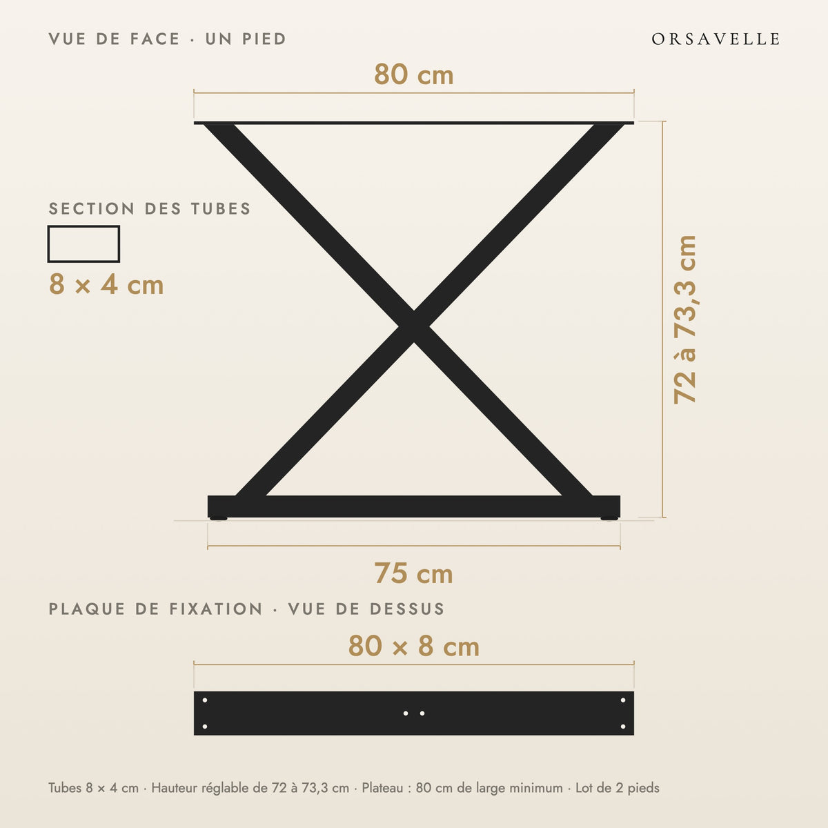 Schéma coté des Pieds de table à manger en X en acier, Lot de 2, 80 × 72 cm : vue de face d'un pied, plaque de fixation, dimensions en cm