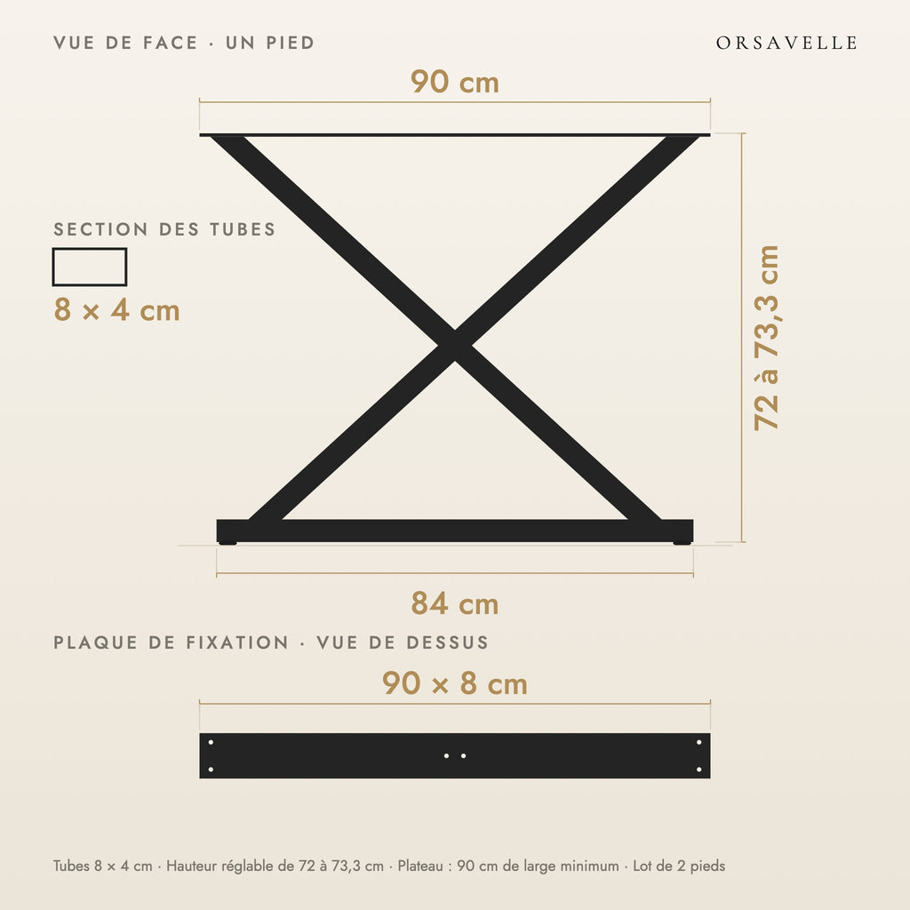 Schéma coté des Pieds de table à manger en X en acier, Lot de 2, 90 × 72 cm : vue de face d'un pied, plaque de fixation, dimensions en cm