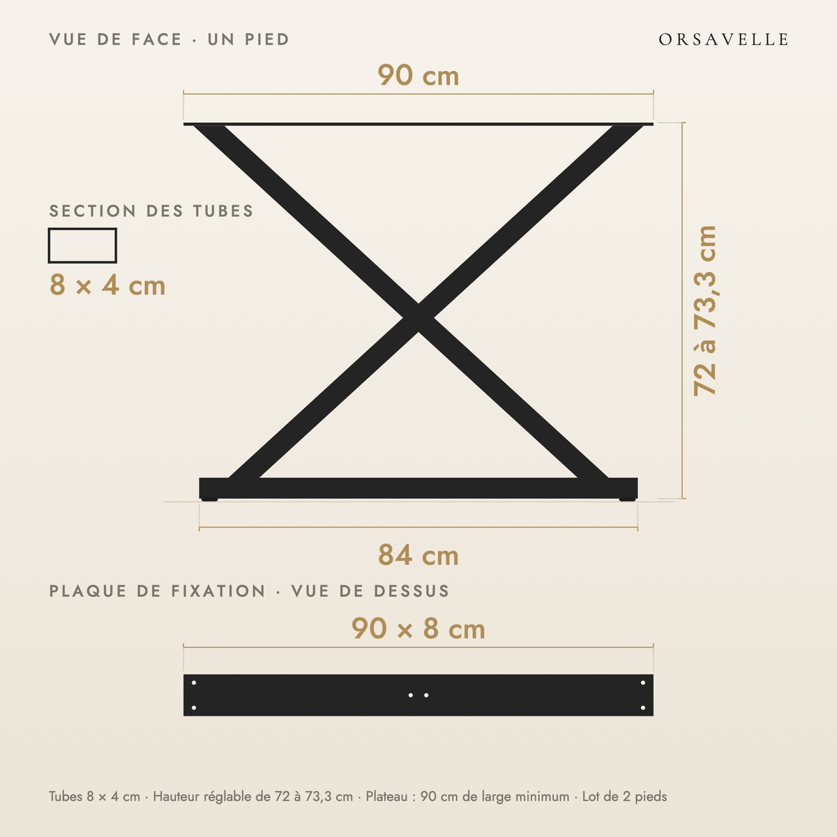Schéma coté des Pieds de table à manger en X en acier, Lot de 2, 90 × 72 cm : vue de face d'un pied, plaque de fixation, dimensions en cm