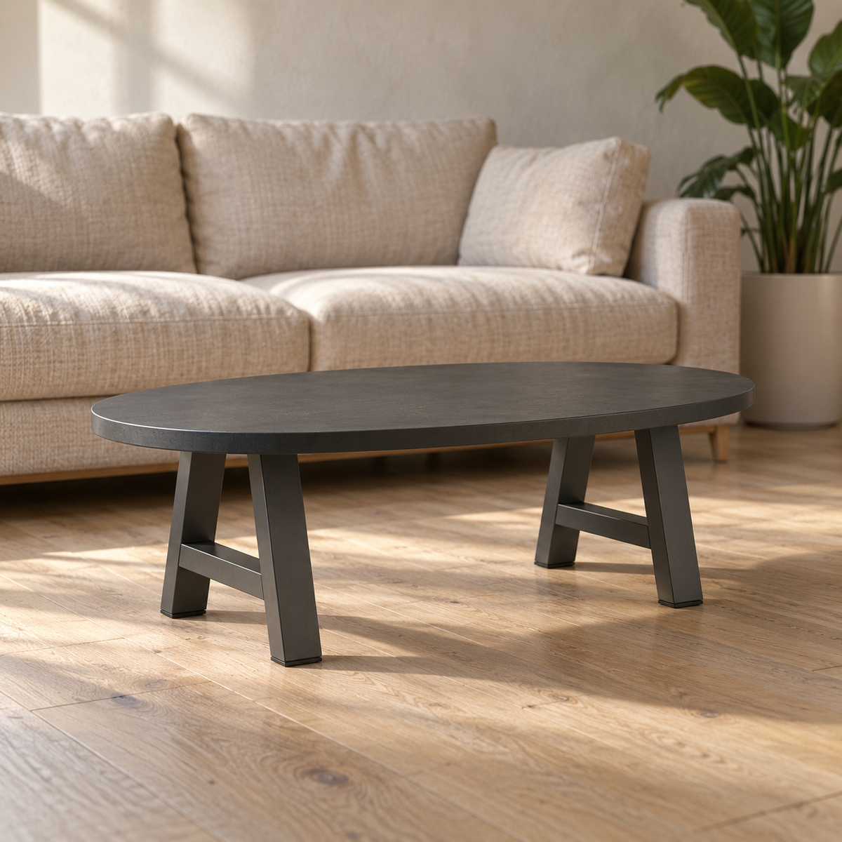 Pieds de table basse en A en acier anthracite, lot de 2, 30 × 30 cm, en situation dans un salon