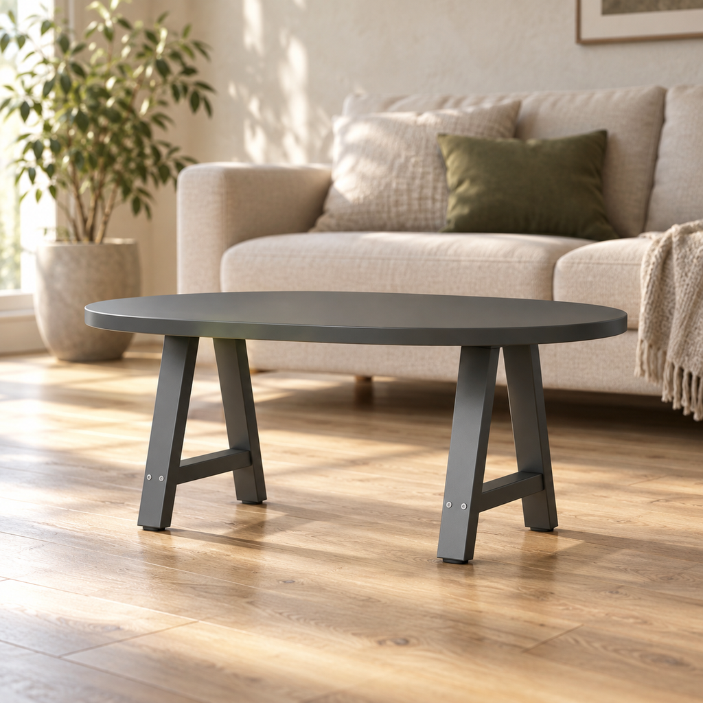 Pieds de table basse en A en acier anthracite, lot de 2, 38 × 42 cm, en situation dans un salon
