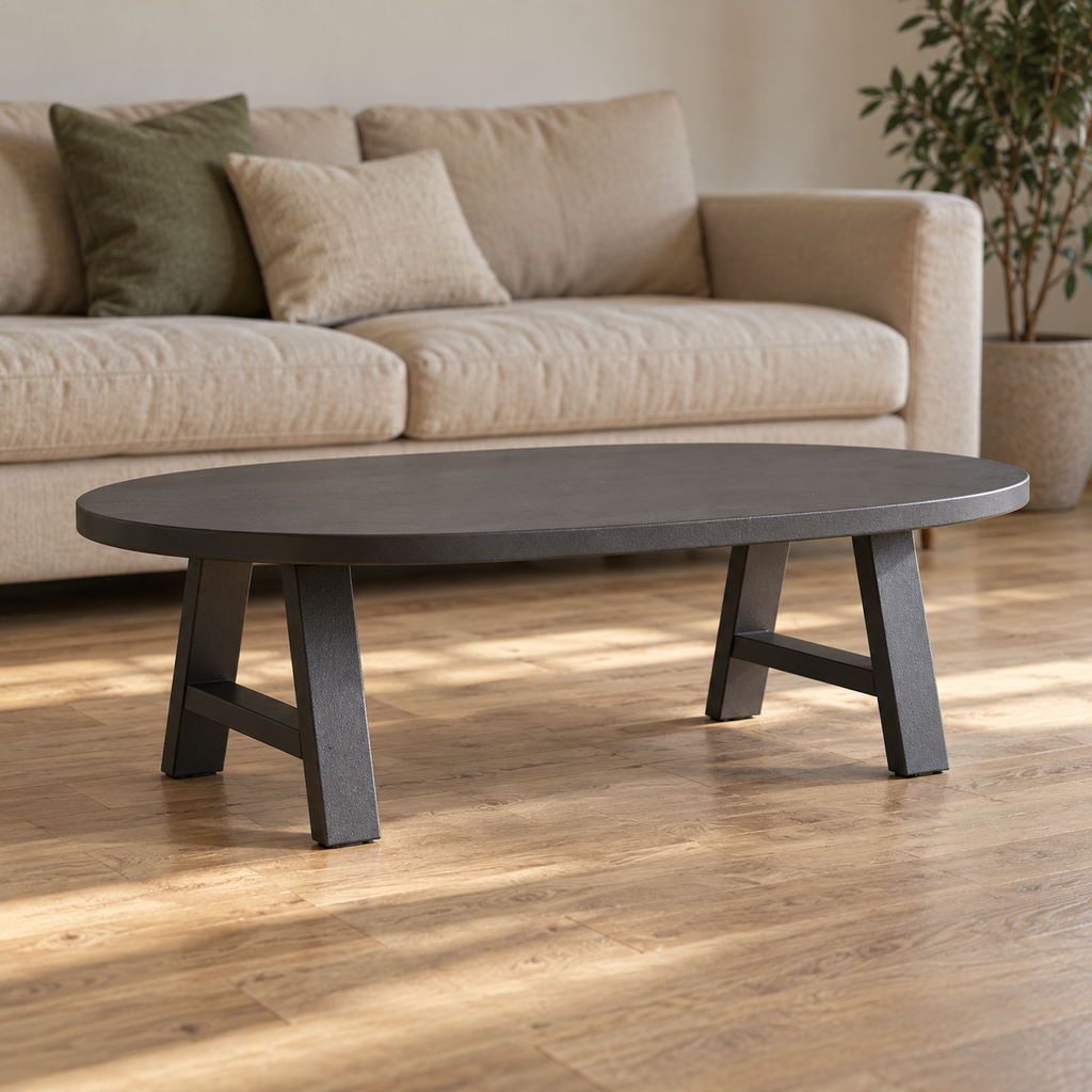 Pieds de table basse en A en acier anthracite, lot de 2, 40 × 30 cm, en situation dans un salon