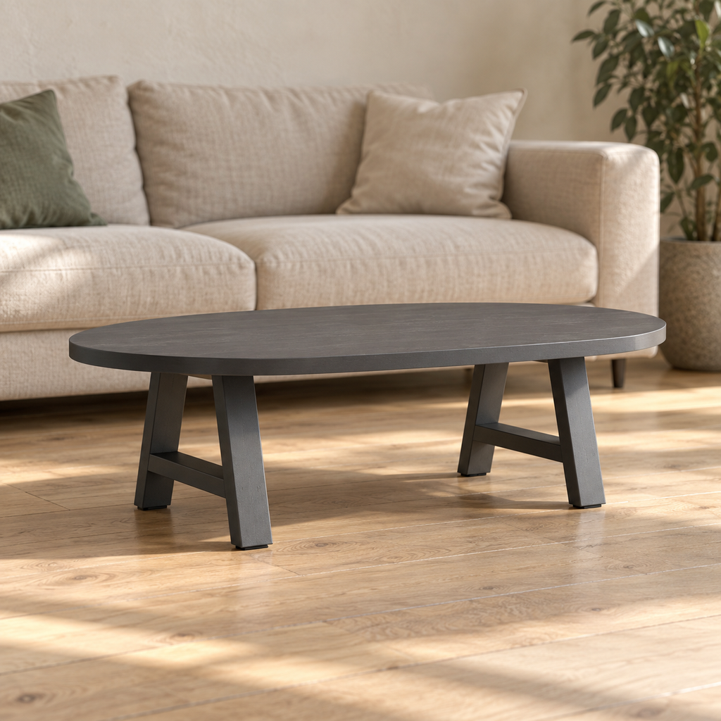Pieds de table basse en A en acier anthracite, lot de 2, 50 × 30 cm, en situation dans un salon