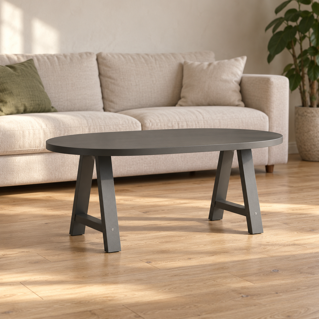 Pieds de table basse en A en acier anthracite, lot de 2, 50 × 42 cm, en situation dans un salon