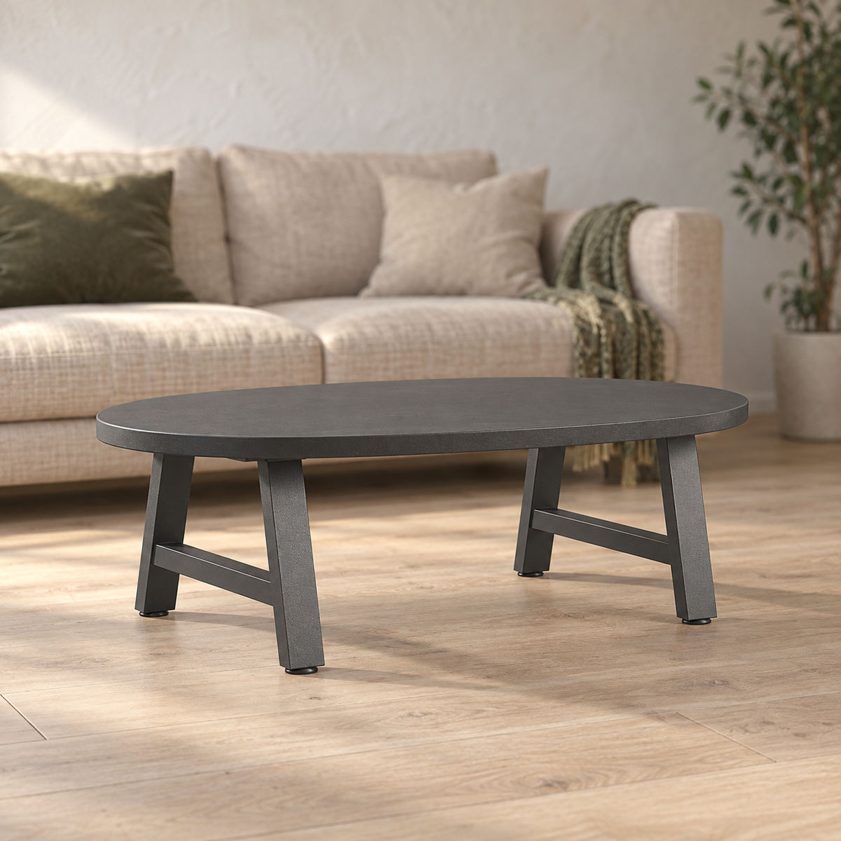 Pieds de table basse en A en acier anthracite, lot de 2, 60 × 30 cm, en situation dans un salon