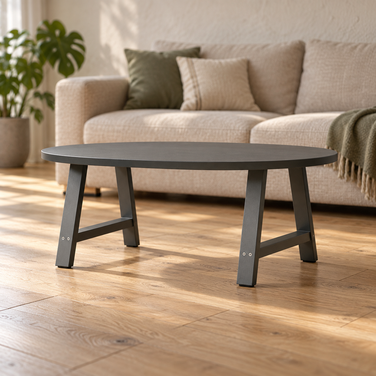 Pieds de table basse en A en acier anthracite, lot de 2, 60 × 42 cm, en situation dans un salon
