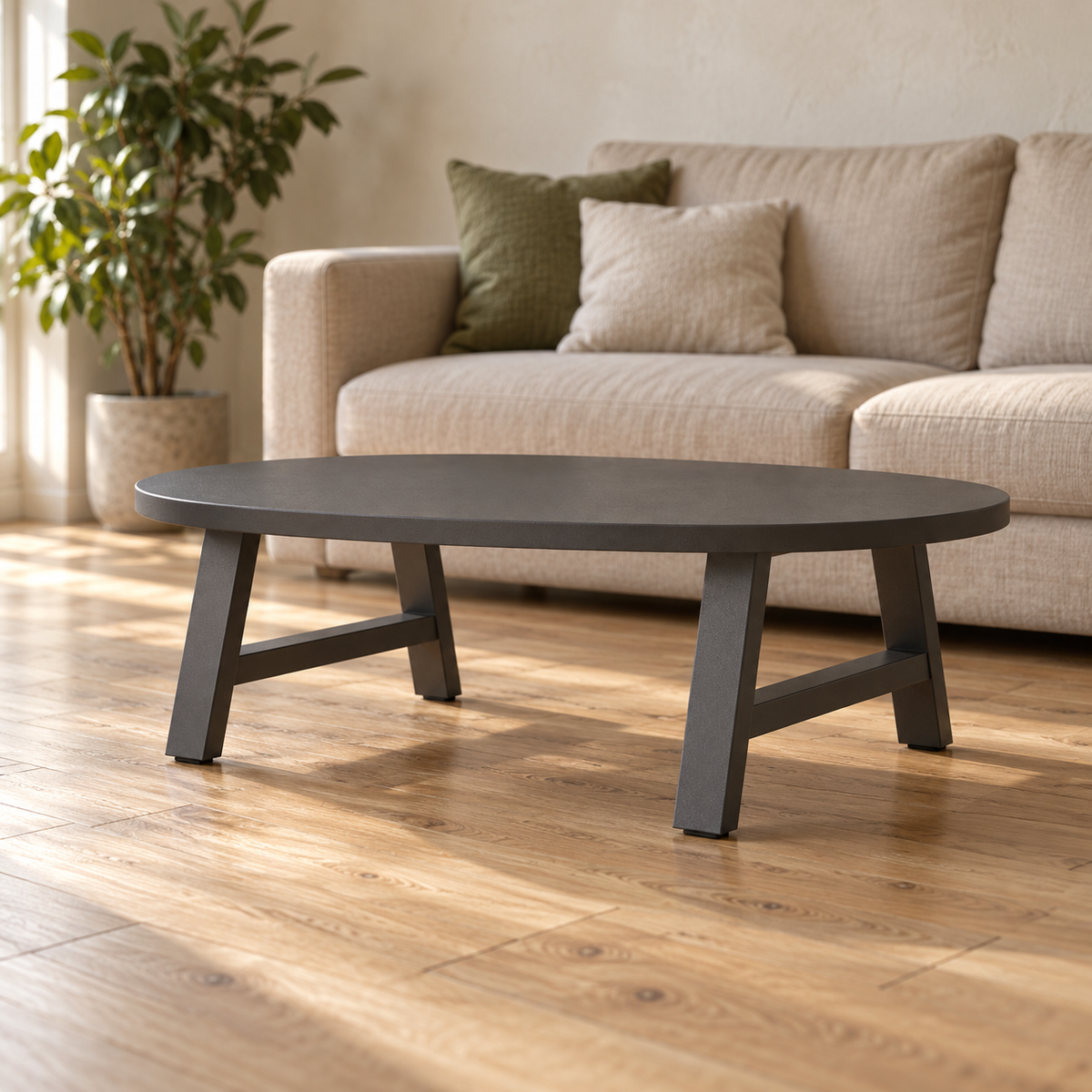 Pieds de table basse en A en acier anthracite, lot de 2, 70 × 30 cm, en situation dans un salon