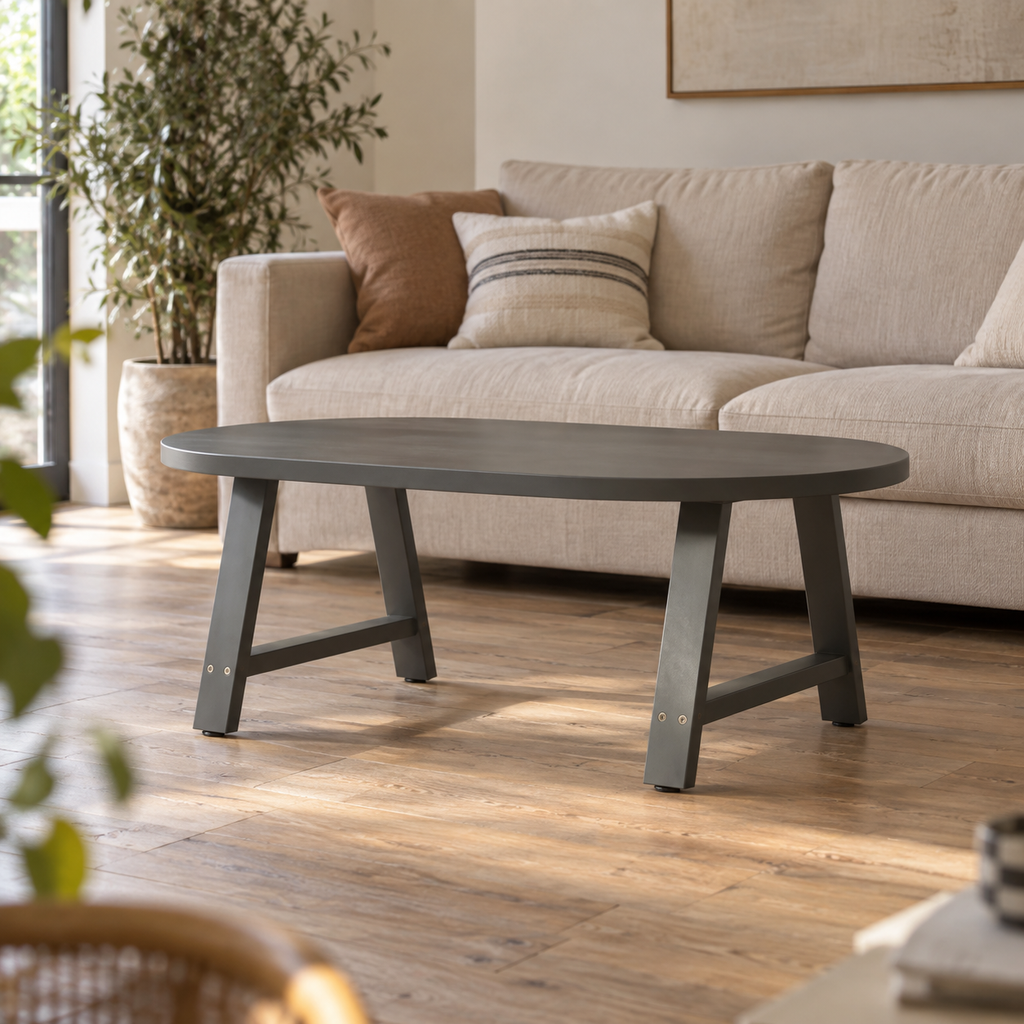 Pieds de table basse en A en acier anthracite, lot de 2, 70 × 42 cm, en situation dans un salon