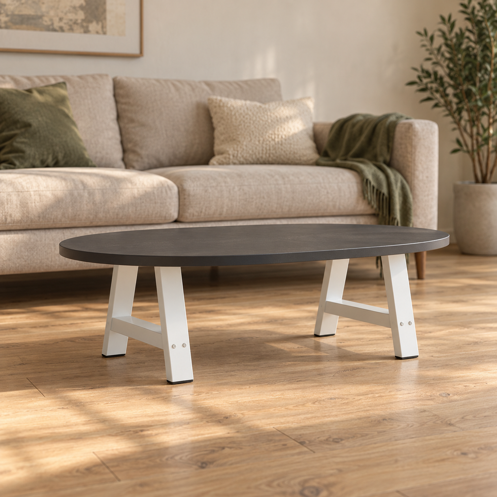 Pieds de table basse en A en acier blanc, lot de 2, 30 × 30 cm, en situation dans un salon