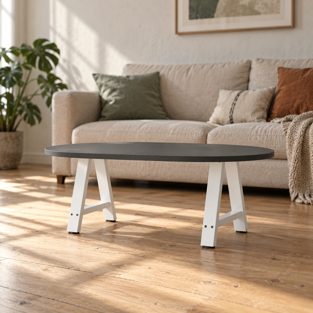 Pieds de table basse en A en acier blanc, lot de 2, 38 × 42 cm, en situation dans un salon
