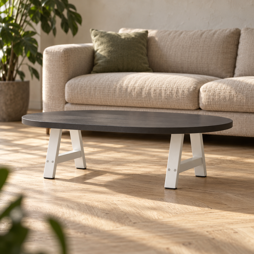 Pieds de table basse en A en acier blanc, lot de 2, 40 × 30 cm, en situation dans un salon