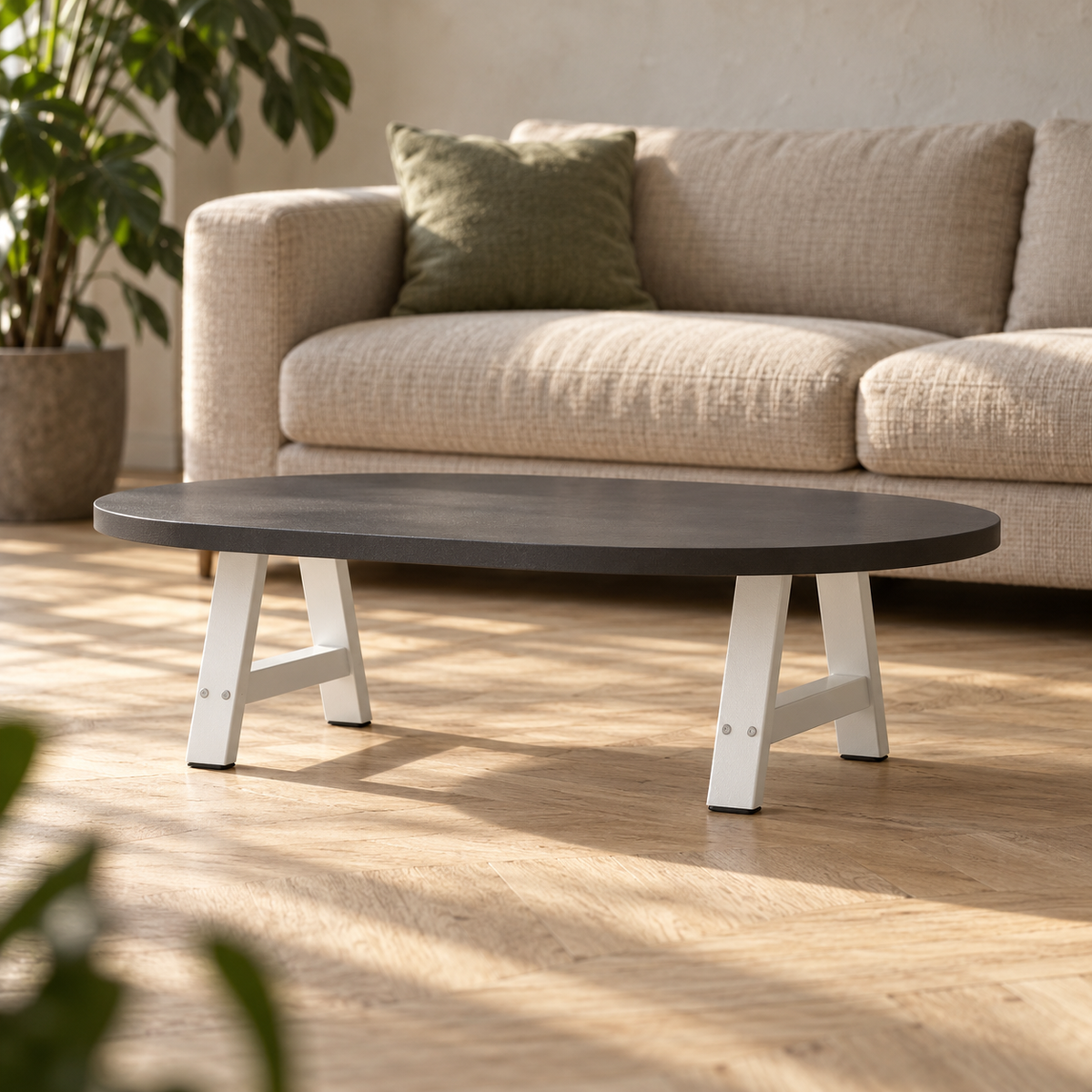 Pieds de table basse en A en acier blanc, lot de 2, 40 × 30 cm, en situation dans un salon