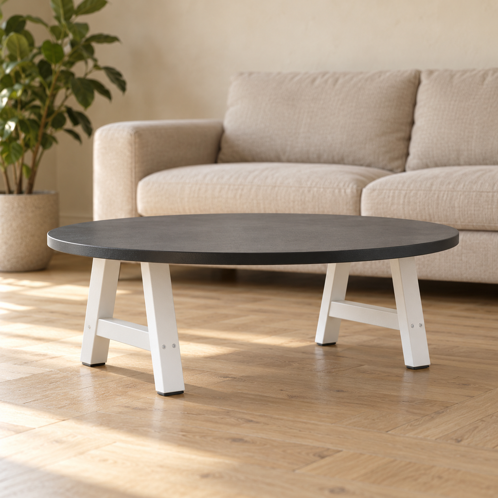 Pieds de table basse en A en acier blanc, lot de 2, 50 × 30 cm, en situation dans un salon