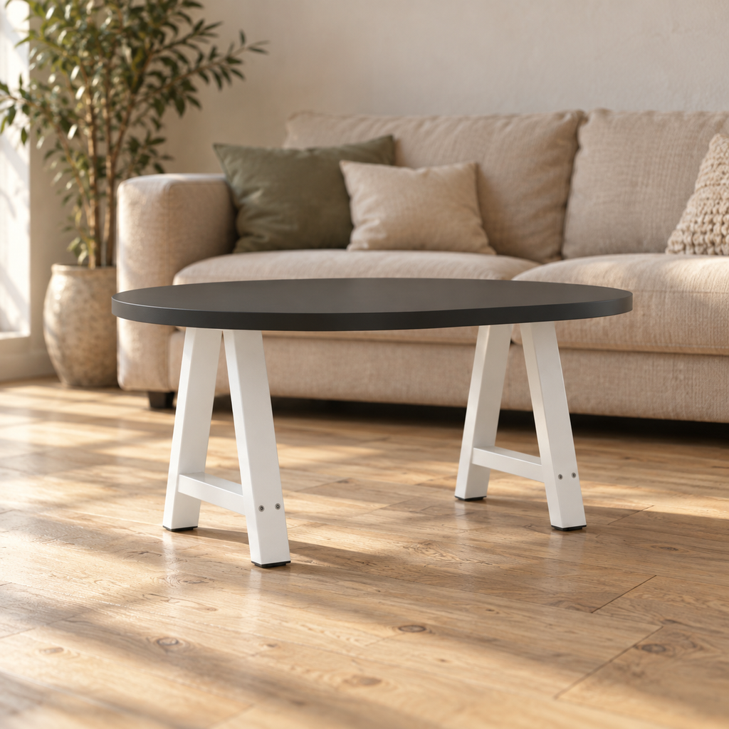 Pieds de table basse en A en acier blanc, lot de 2, 50 × 42 cm, en situation dans un salon