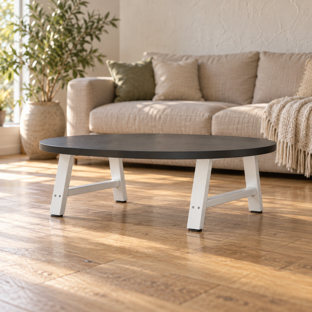 Pieds de table basse en A en acier blanc, lot de 2, 60 × 30 cm, en situation dans un salon