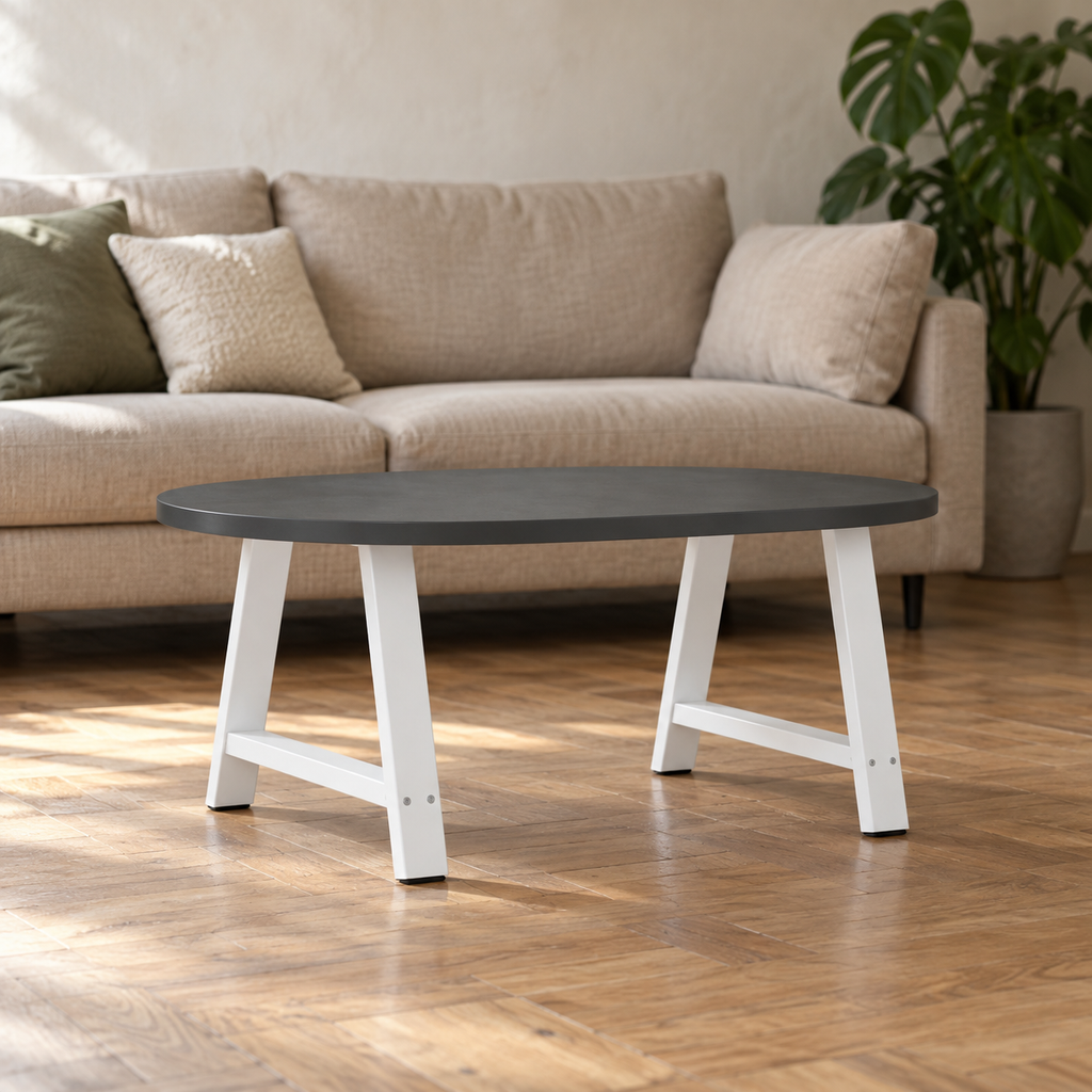 Pieds de table basse en A en acier blanc, lot de 2, 60 × 42 cm, en situation dans un salon