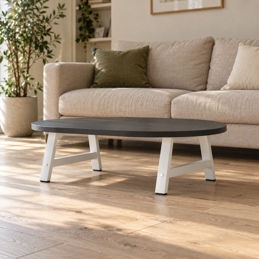 Pieds de table basse en A en acier blanc, lot de 2, 70 × 30 cm, en situation dans un salon