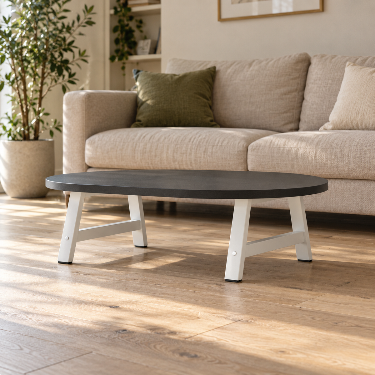 Pieds de table basse en A en acier blanc, lot de 2, 70 × 30 cm, en situation dans un salon