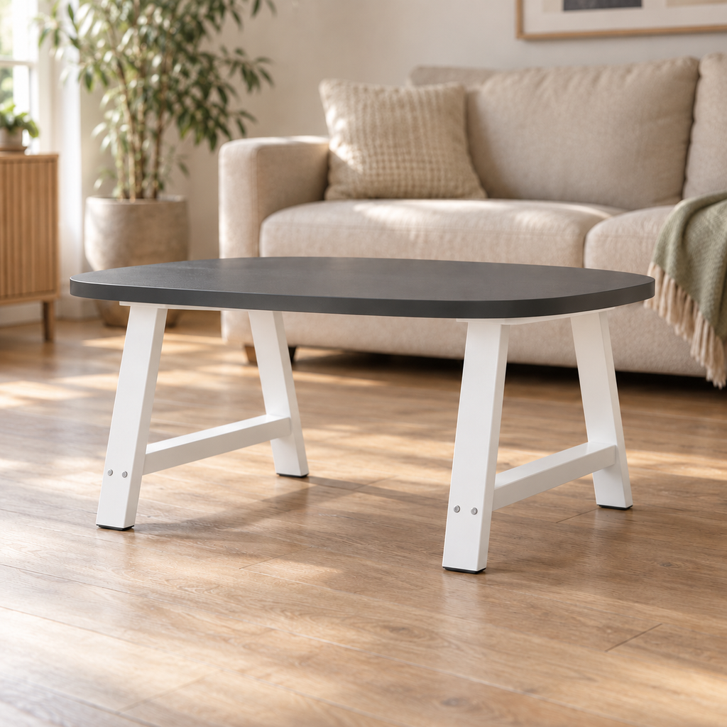 Pieds de table basse en A en acier blanc, lot de 2, 70 × 42 cm, en situation dans un salon