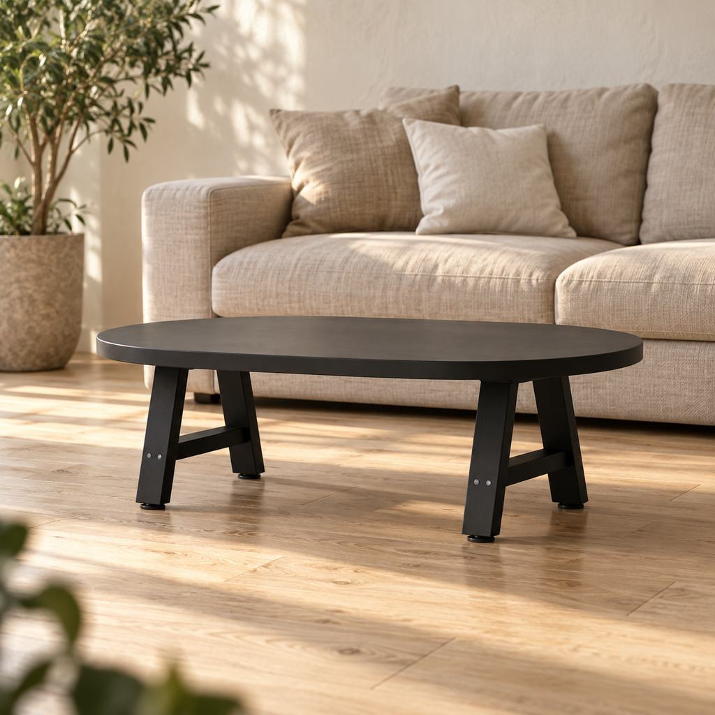 Pieds de table basse en A en acier noir, lot de 2, 30 × 30 cm, en situation dans un salon